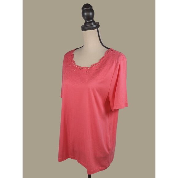 CJ Banks Scalloped Neck Short Sleeve Coral Cotton and Modal Top Size 14W NWT - Picture 3 of 9